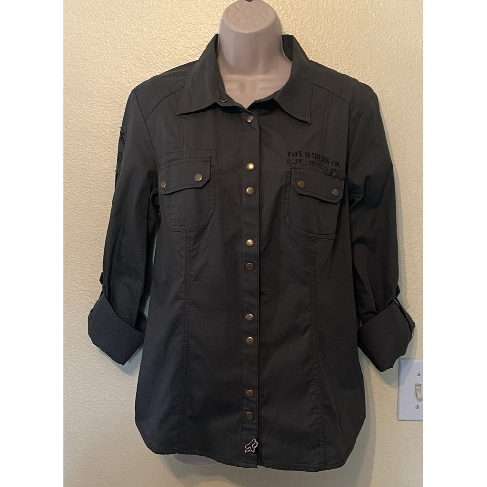 Fox Racing Womens Military Green Sniper Chick Snap Button Roll Tab Shirt Size XL